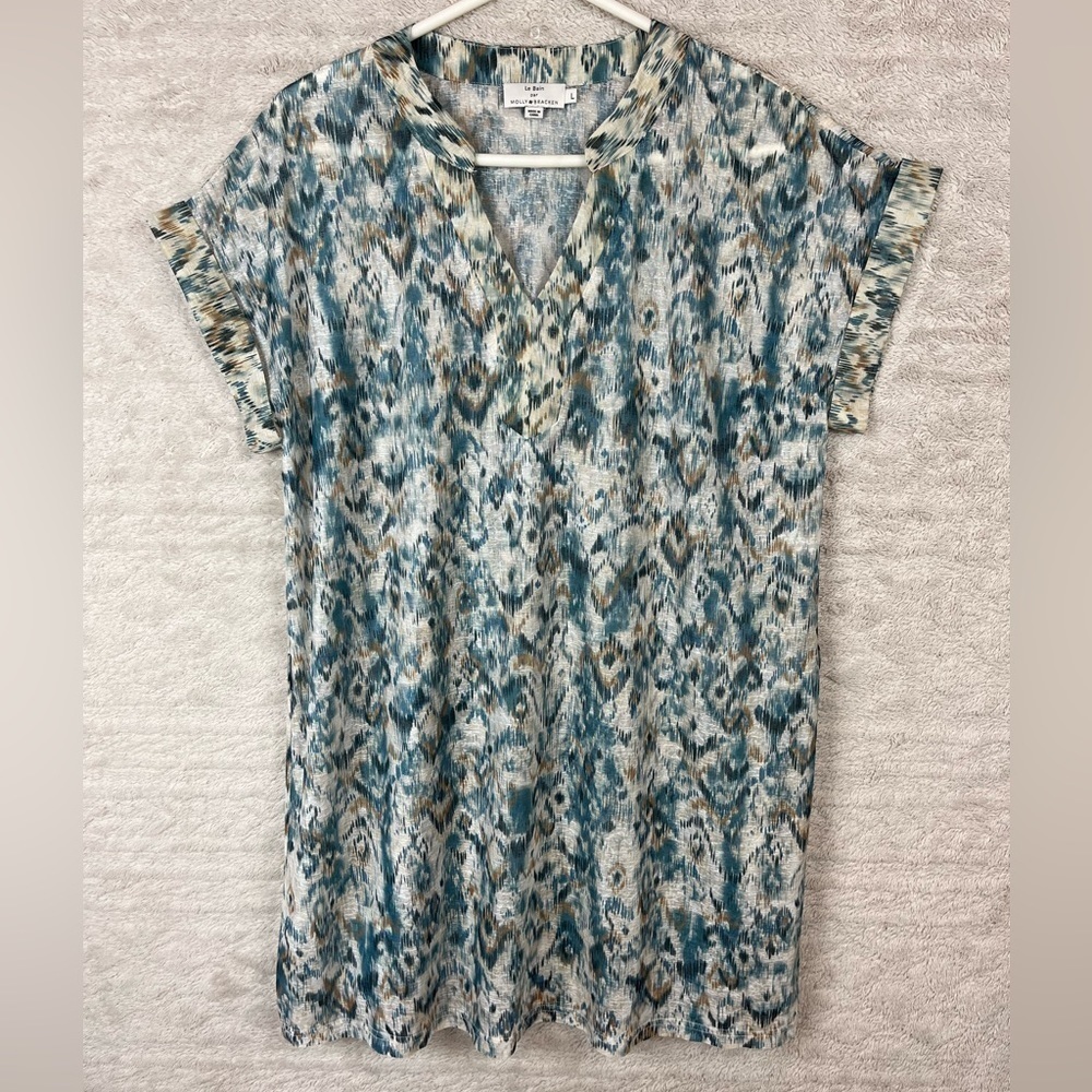 MOLLY BRACKEN La Bain Semi-Sheer Top Tunic Lightweight V-Neck Size Large Ikat